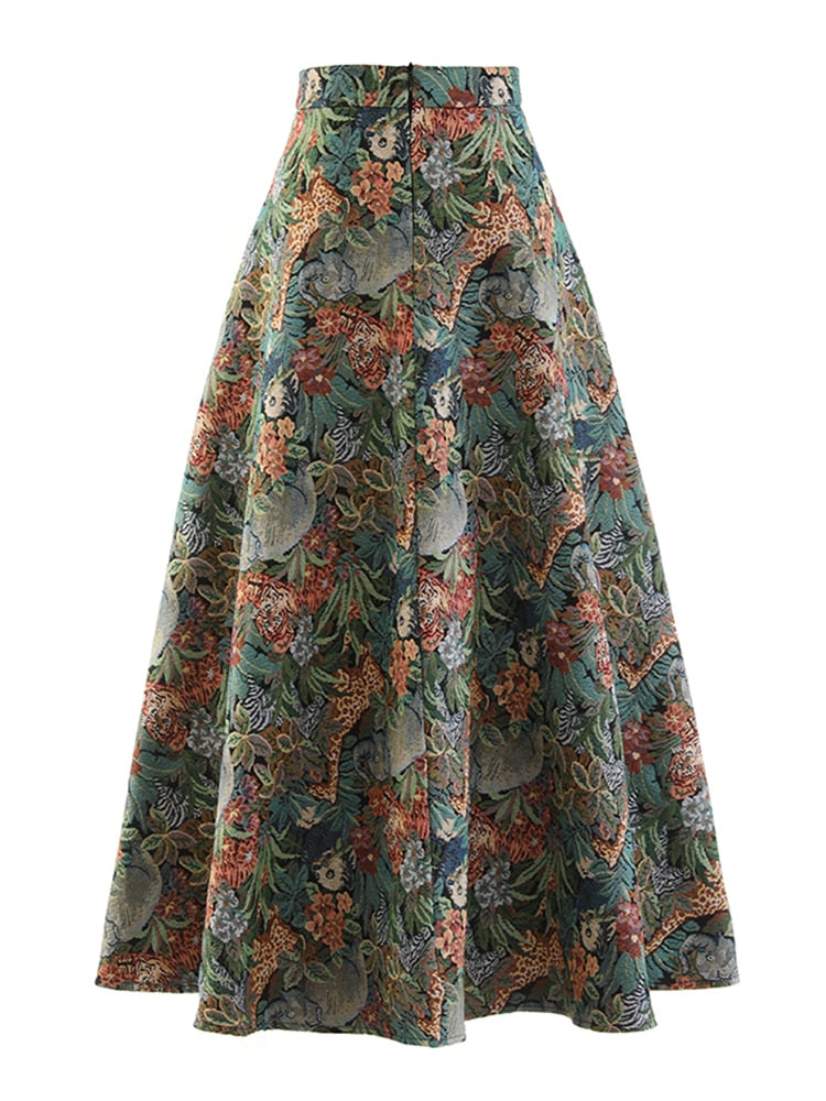 Vintage Animal Print High Waist A-line Jacquard Midi Skirt