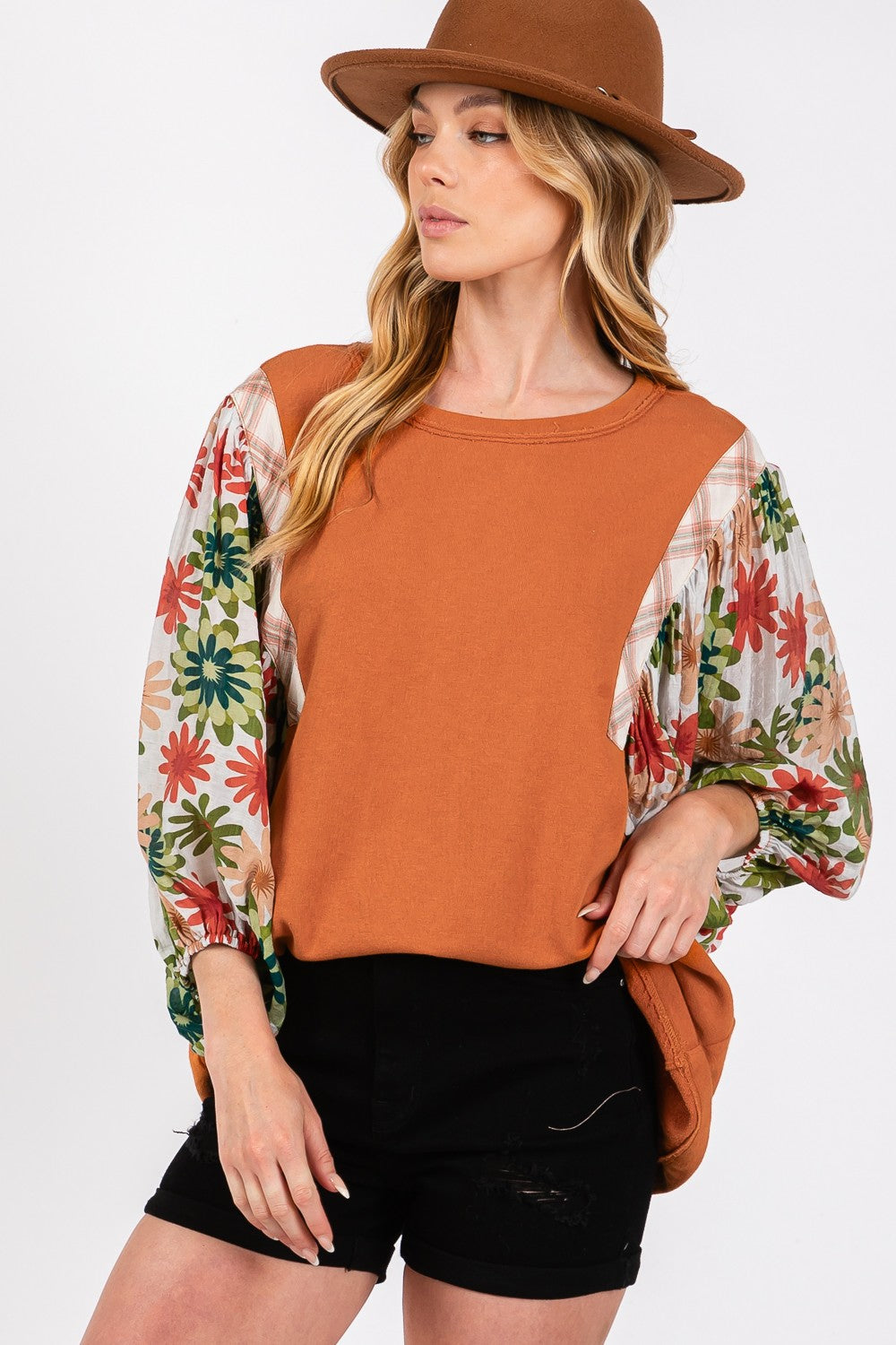 Printed Balloon Sleeve Contrast Top