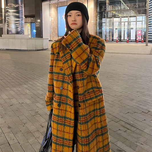 Retro Colorful Plaid Double-Breasted Woolen Trench Coat
