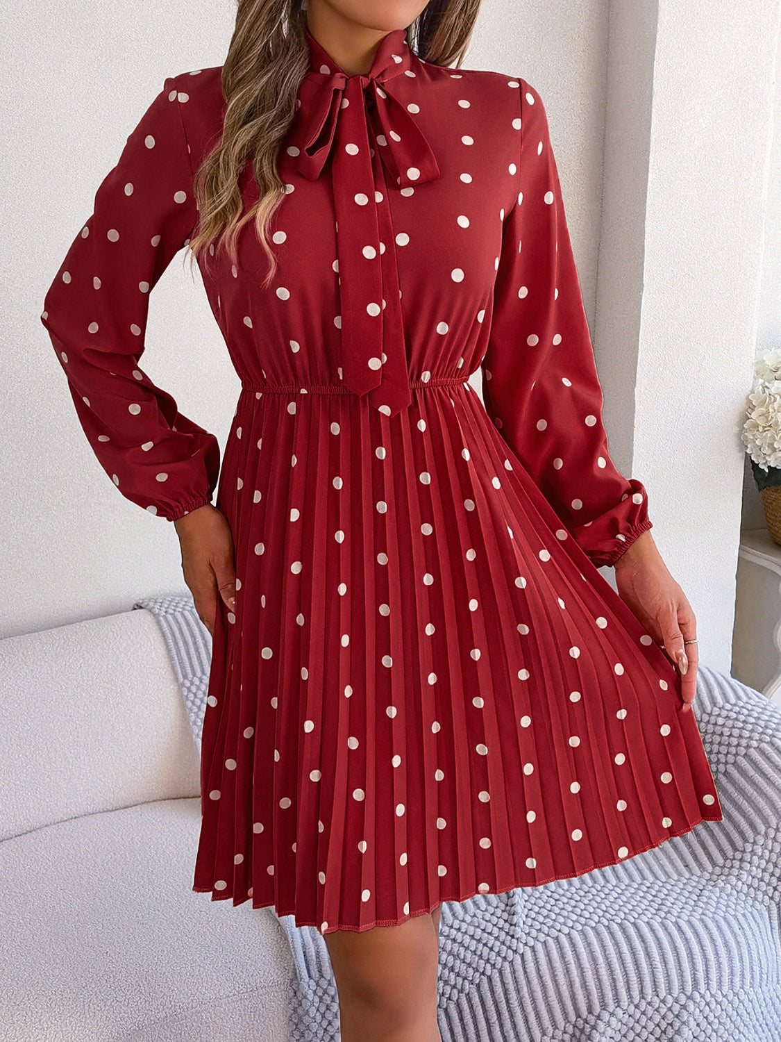 Polka Dot Tie Neck Pleated Dress