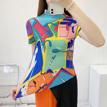 Miyake Pleated Abstract Print Short Sleeve Top