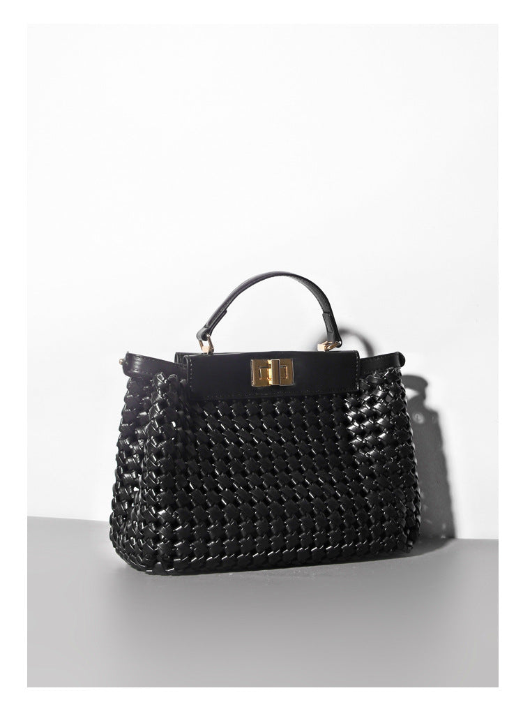 PU Woven Hollow Out Shoulder Handbag