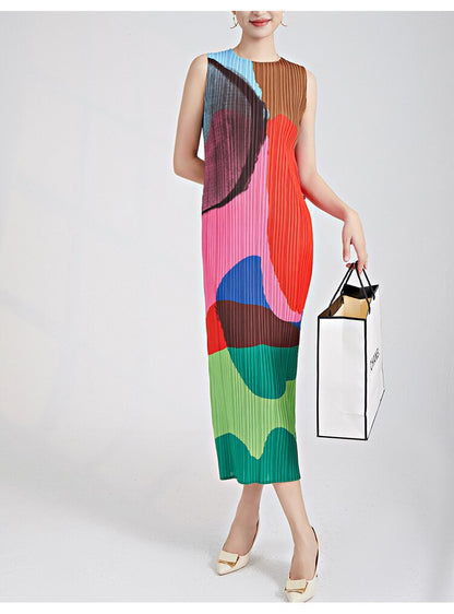 Miyake Pleated Round Neck Sleeveless Dress