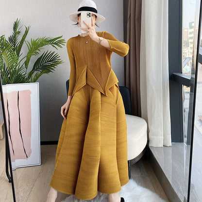 Miyake Pleated Asymmetrical Top and Midi Skirt Set