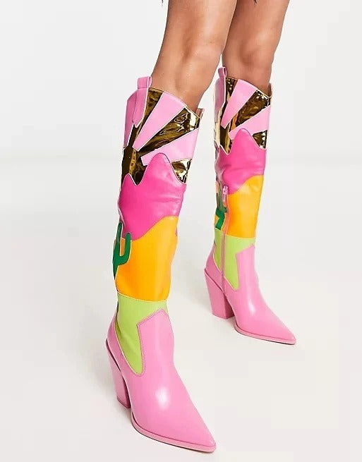 Cactus Patchwork Pointed Toes Cowboy Boots