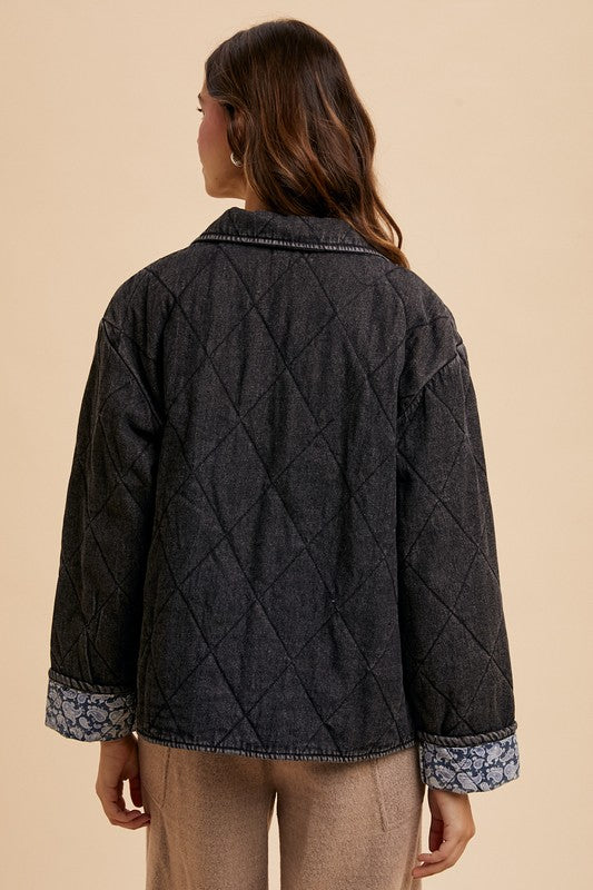 Quilted Printed Lining Snap Down Denim Jacket