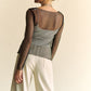 Sparkling Rhinestone Sheer Mesh Round Neck Top