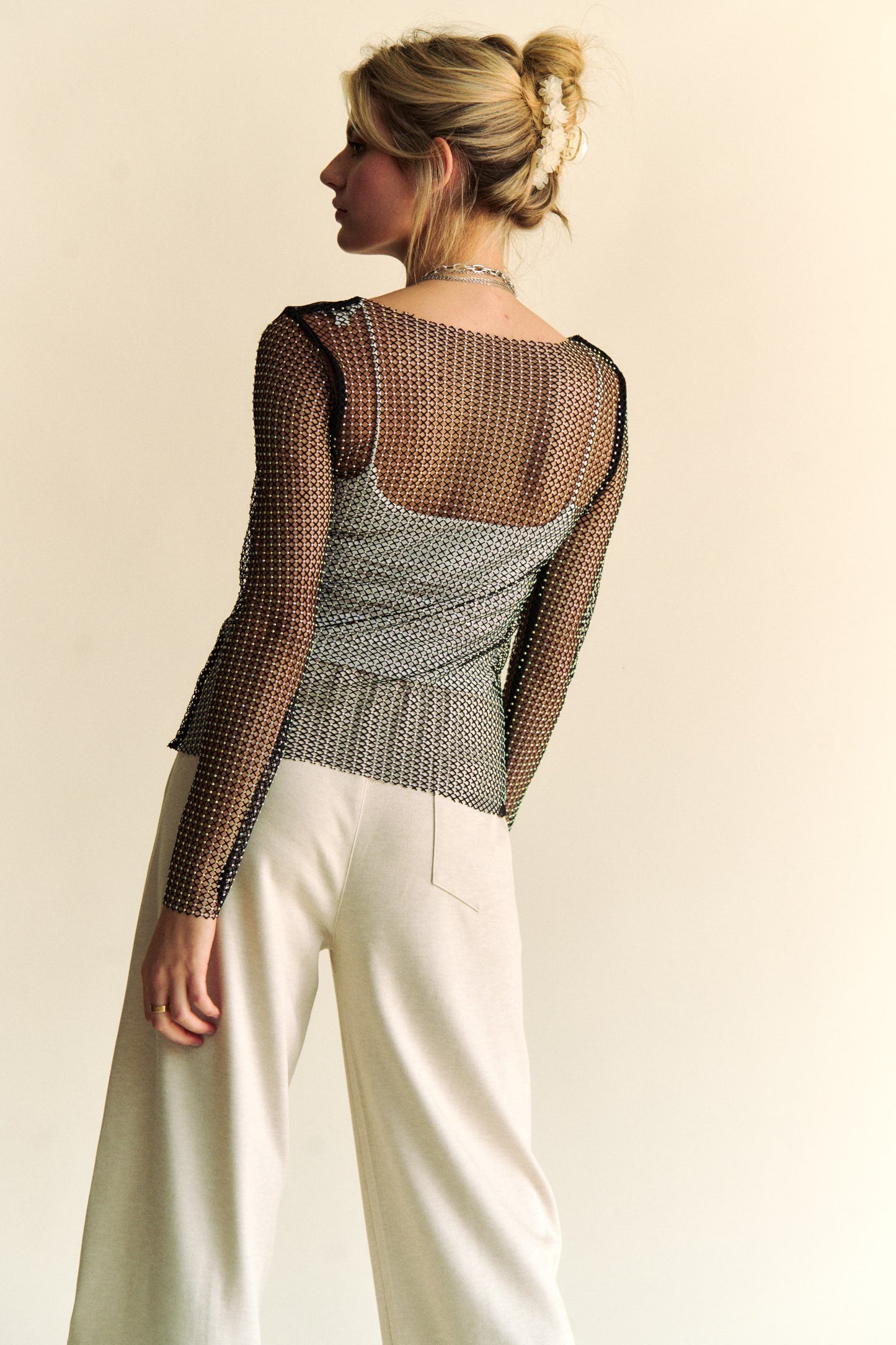 Sparkling Rhinestone Sheer Mesh Round Neck Top