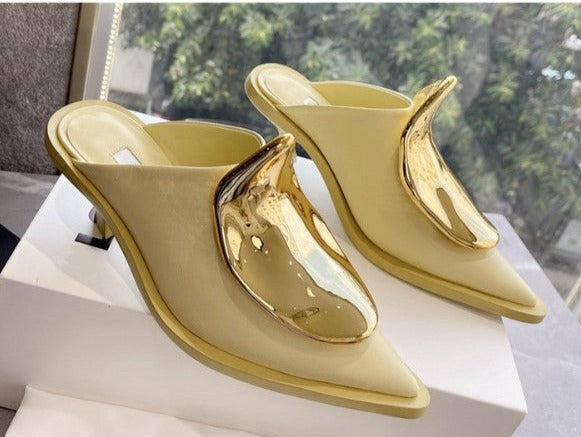 Genuine Leather Metal Decor Pointed Toe Flat Mules