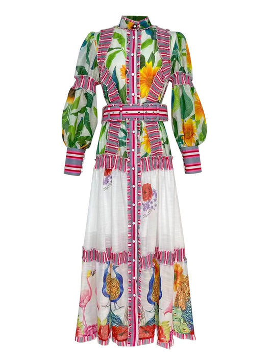 Multicolor Floral Print Lantern Sleeve Midi Dress