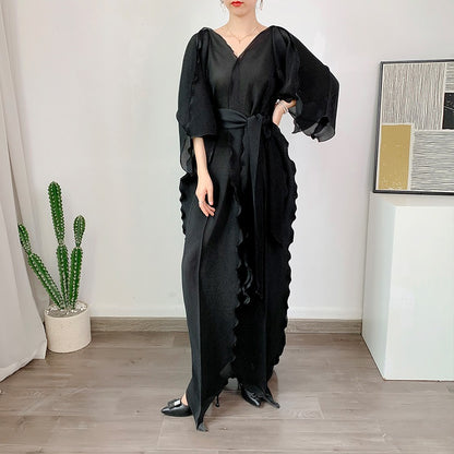 Miyake Pleated Irregular Hem Dress with Belt