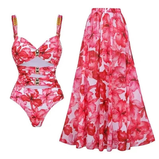 Floral One-Piece Swimsuit with Cover Up Skirt