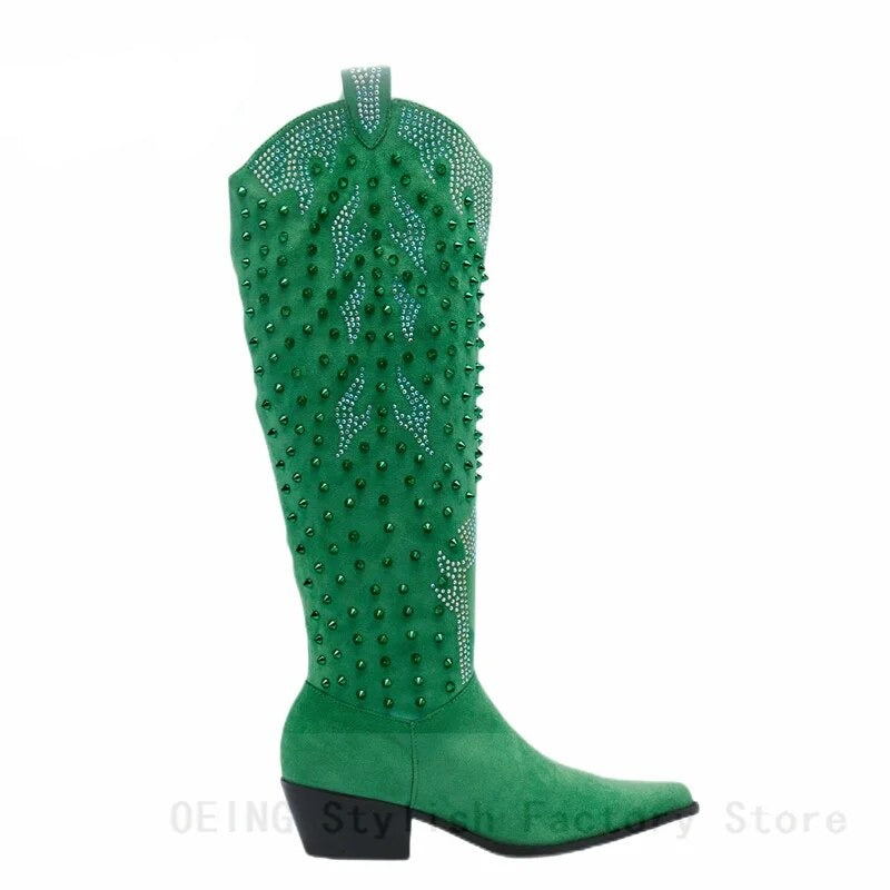 Rhinestone Studded Faux Suede Knee-High Boots