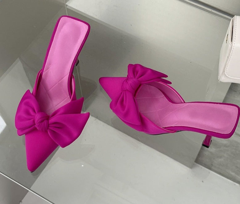 Butterfly-Knot Bow Pointed Toe High Heel Mules