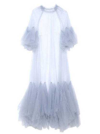 Gauze Spliced Round Neck Ruffles Sleeve Maxi Dress