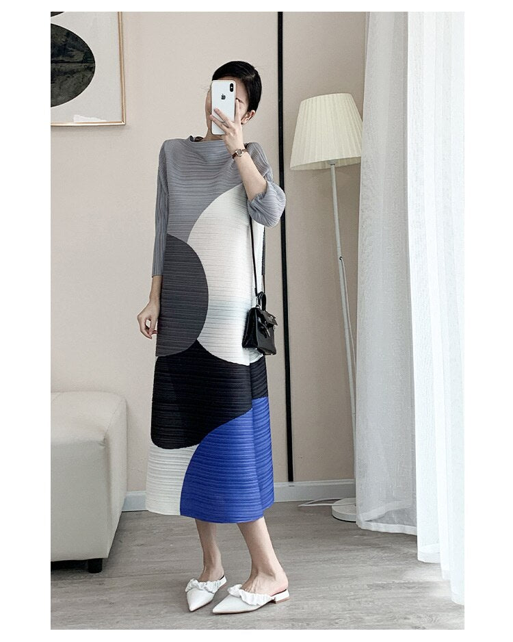 Miyake Pleated Color Block Turtleneck Midi Dress