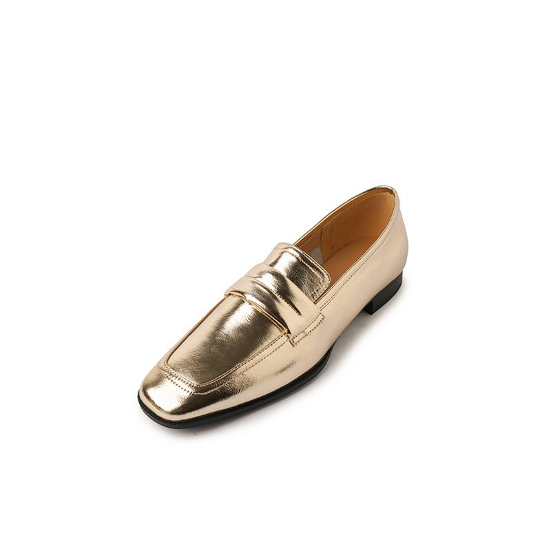 Full leather loafers square toe gold and silver glossy cowhide deep cut single shoe for women