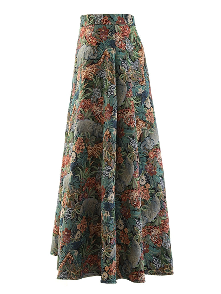 Vintage Animal Print High Waist A-line Jacquard Midi Skirt