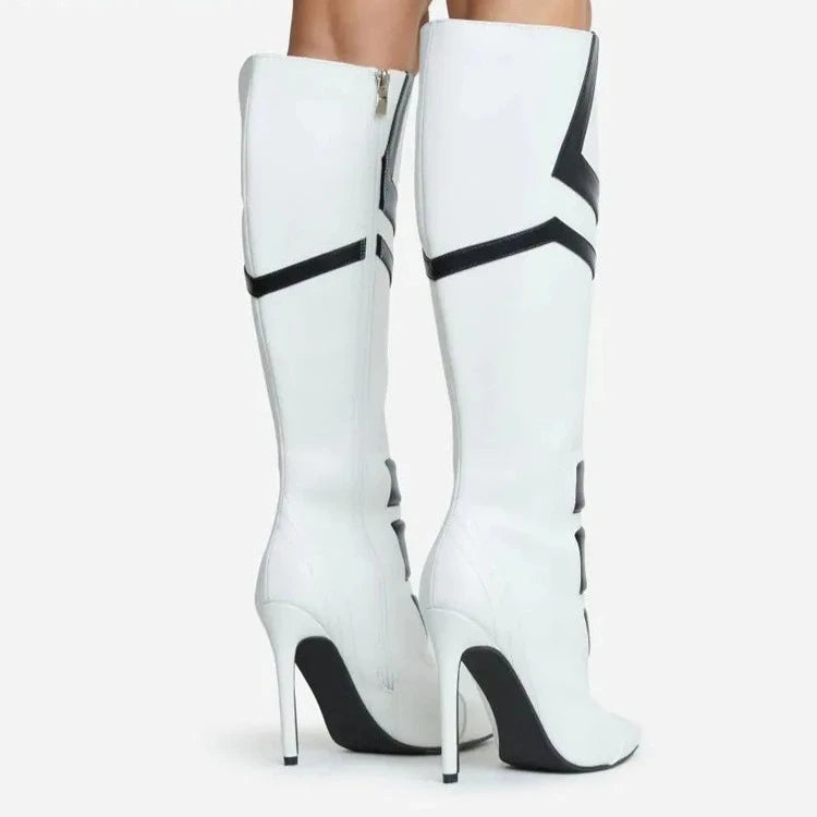 Patchwork Pointed Toe Knee-High Boots