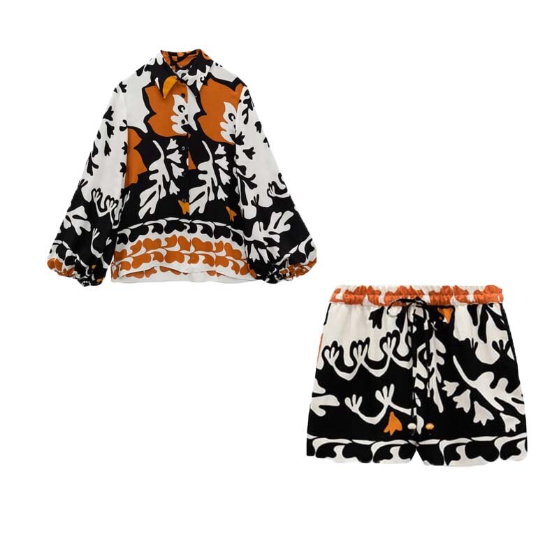 Printed Long Sleeve Top, Shorts and Pants Set