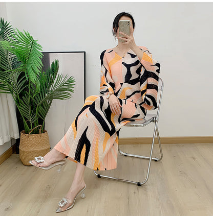 Miyake Pleated Printed Batwing Sleeve Midi Dress