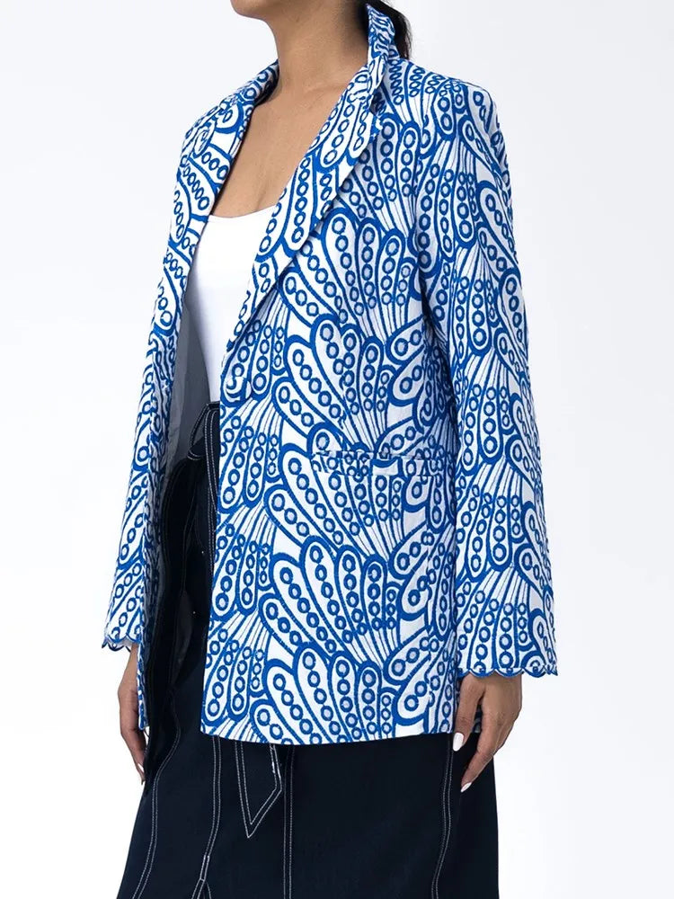 Embroidery Hollow Out Notched Collar Blazer