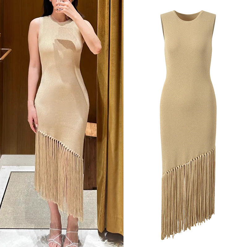 Tassel edge round neck knitted dress sleeveless fashionable wrap around long skirt