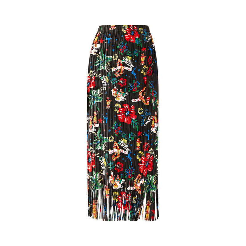 Miyake Pleated Floral Fringe Hem Top and Skirt Set