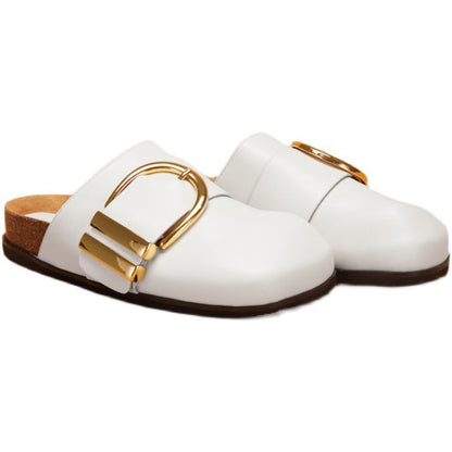Retro Round Toe Mules with Metal Buckle