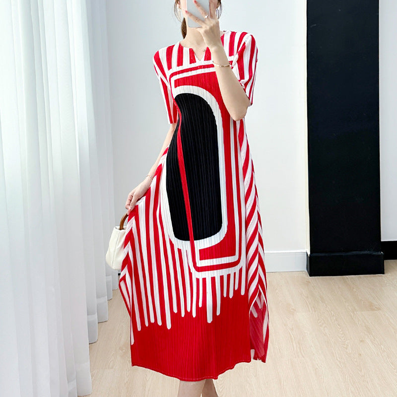 Miyake Pleated Striped A-Line Dress