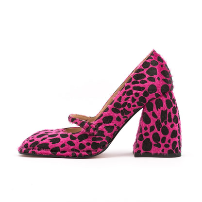 Leopard Square Toe Block Heel Shoes