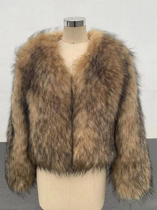 Faux Raccoon Fur V-Neck Long Sleeves Jacket
