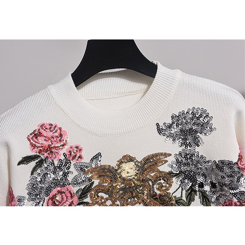 Floral Sequin Embroidery Sweater & Pants Set