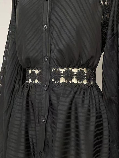 Embroidery Lantern Sleeve Openwork Maxi Dress