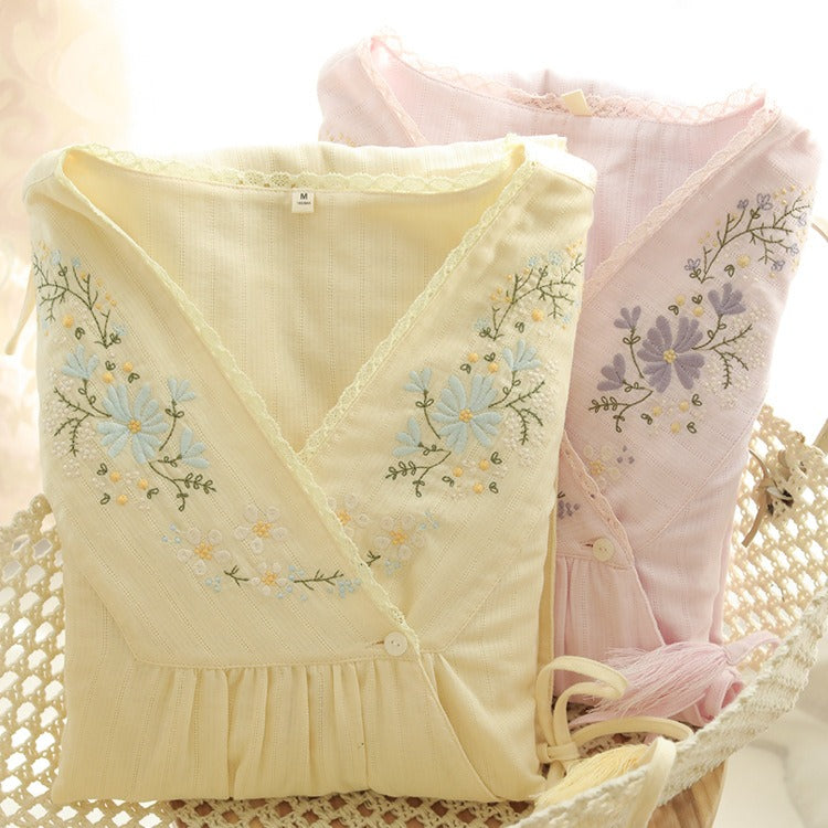 Embroidered Three-Quarter Sleeve Pajama Set