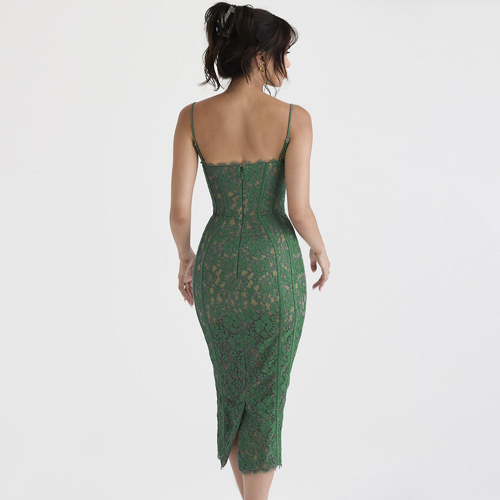 Lace Backless Split Sleeveless Midi Dress