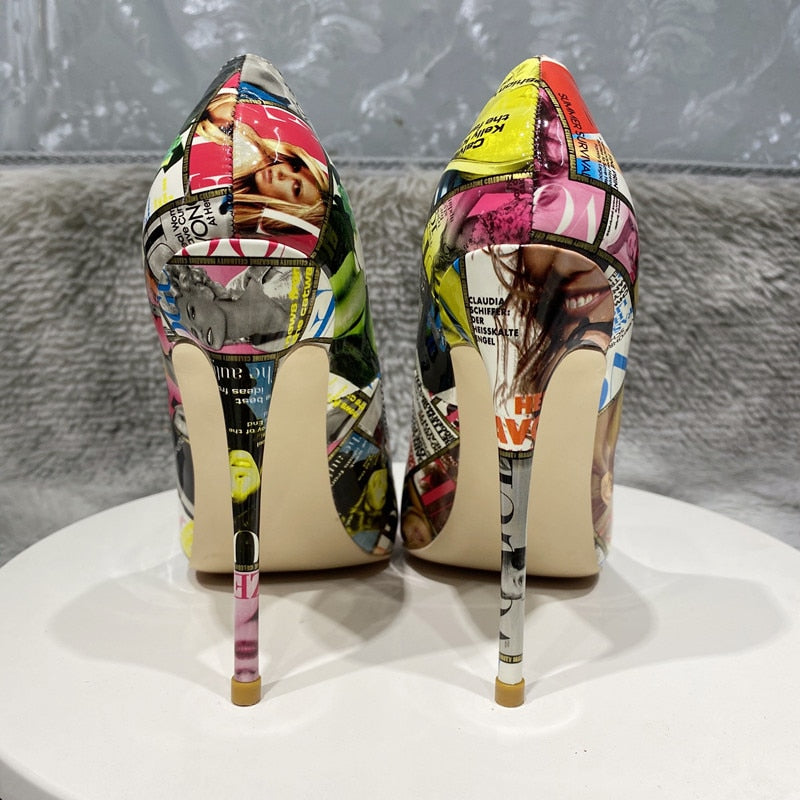 Graffiti Print Pointed Toe Patent High Heel Shoes