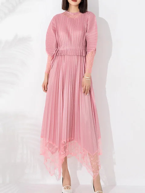 Miyake Pleated Lace Patchwork Midi Dress