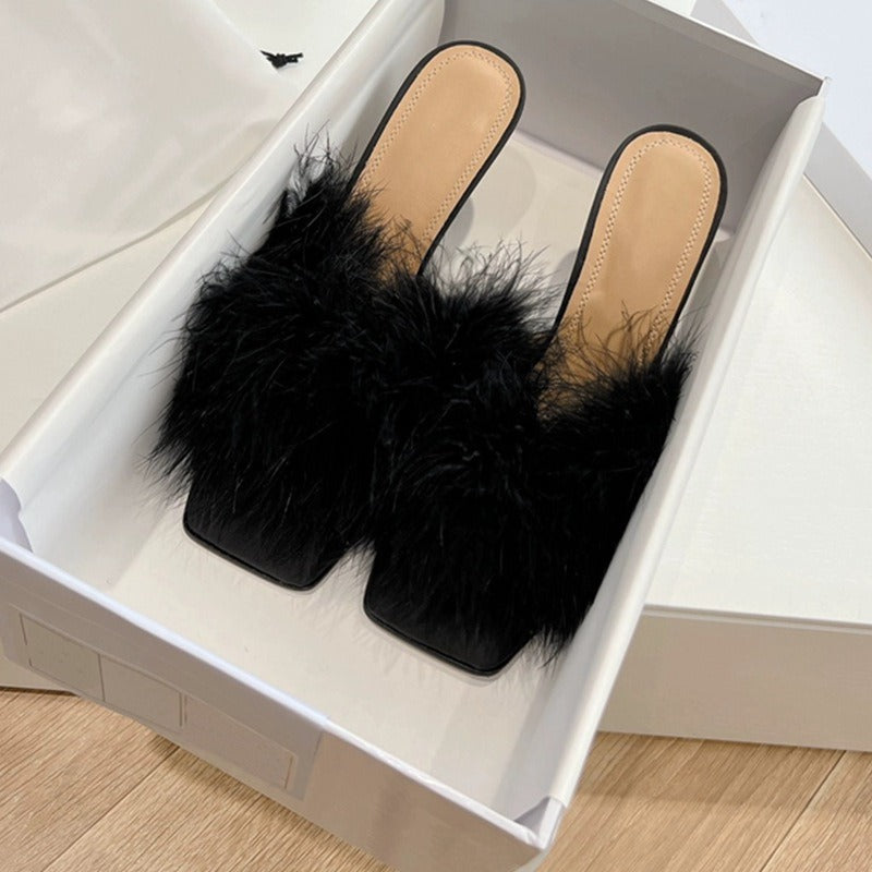 Open toed thick heeled camel hair high heeled fur half slippers