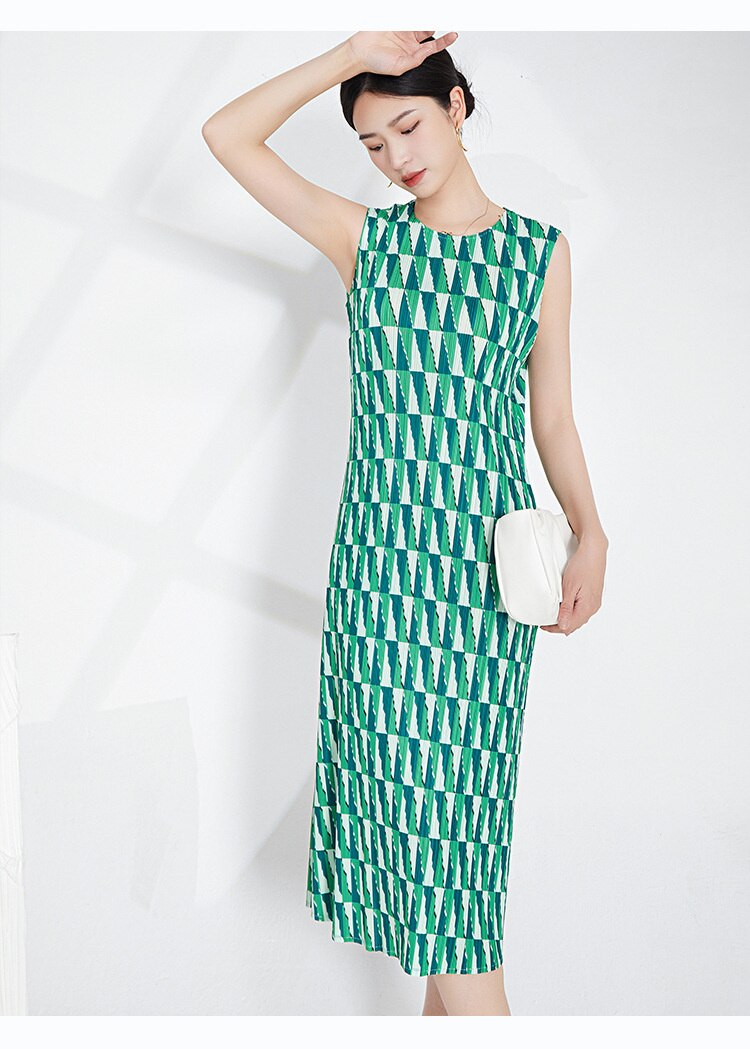Miyake Pleated Printed Sleeveless Midi Dress