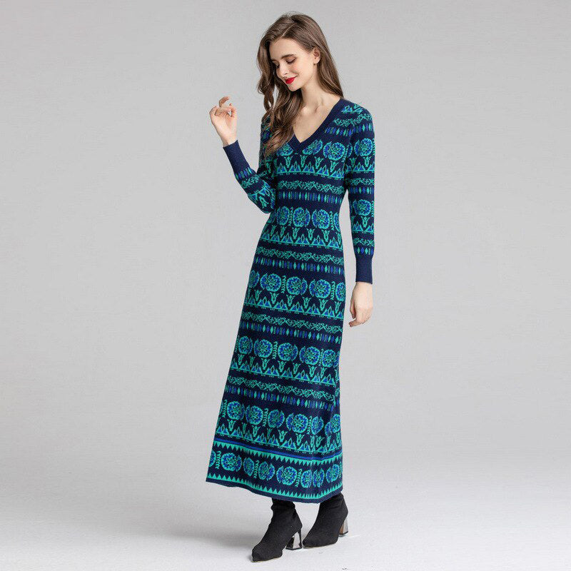 Vintage Geometric Pattern V-Neck Knitted Maxi Dress