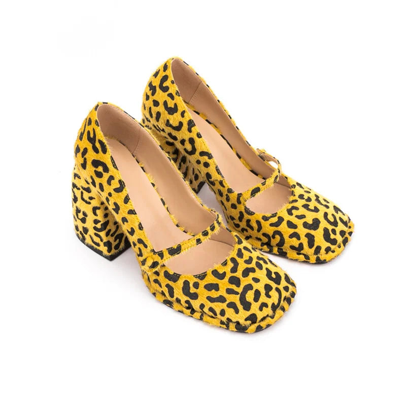 Leopard Square Toe Block Heel Shoes