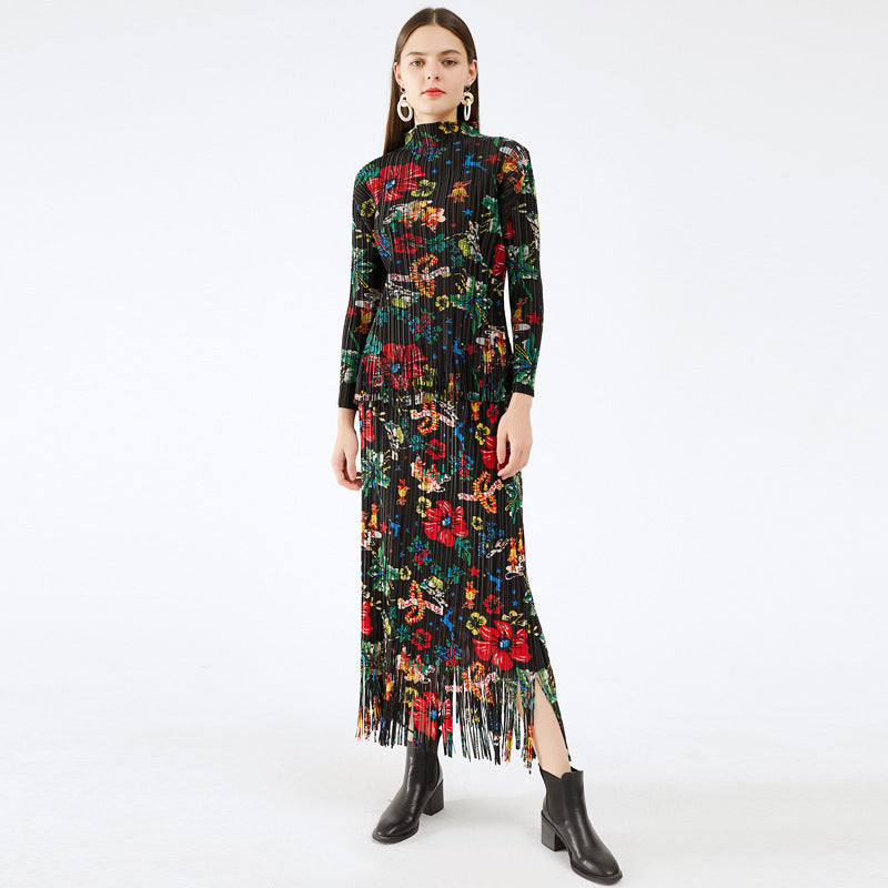 Miyake Pleated Floral Fringe Hem Top and Skirt Set