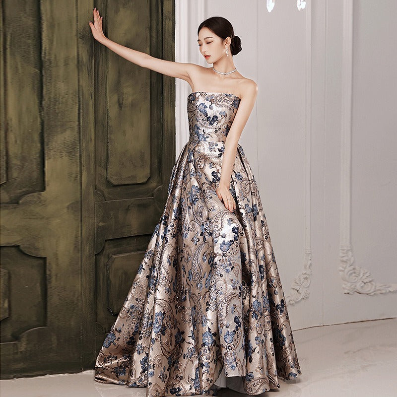 Jacquard Print Strapless Evening Dress