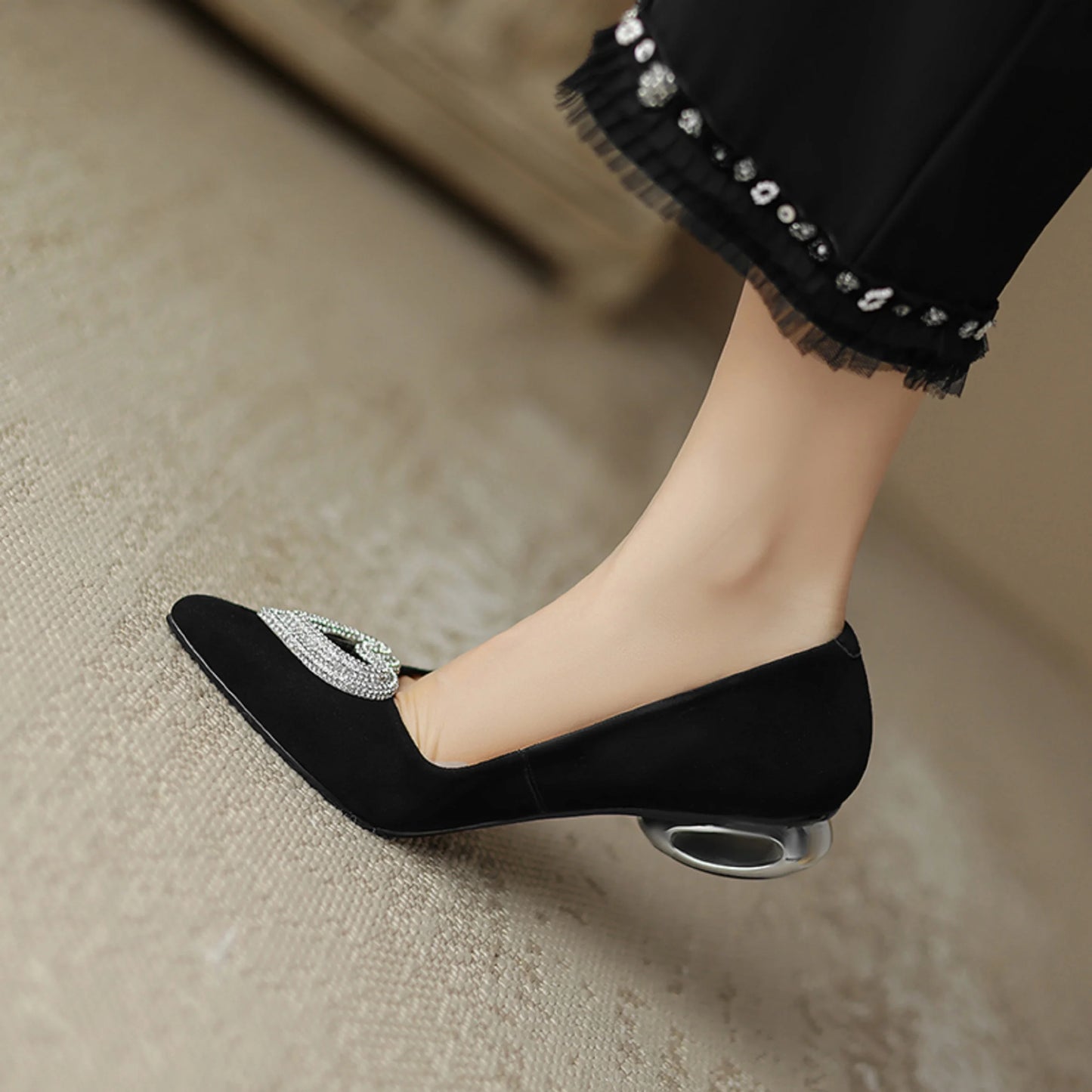 Crystal Heart Pointed Toe Button Heel Shoes