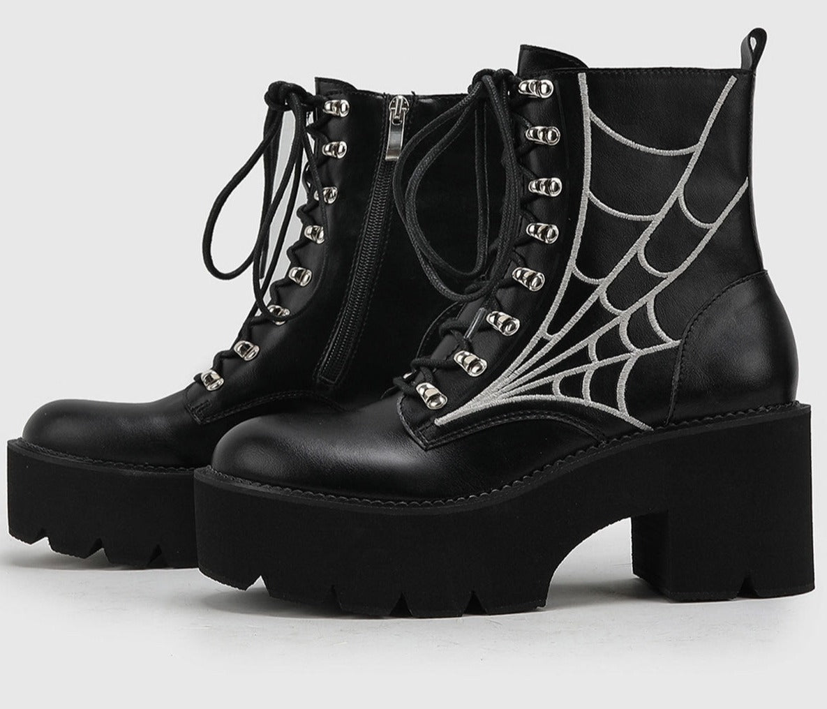 Spider Web Print Lace-Up Platform Ankle Boots