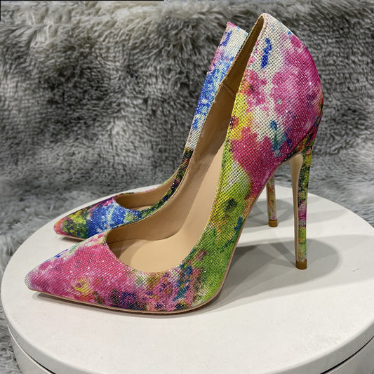 Floral Bling Pointed Toe High Heel Shoes