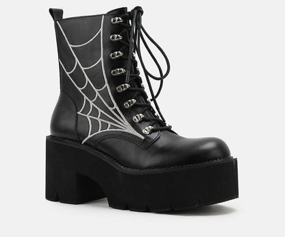 Spider Web Print Lace-Up Platform Ankle Boots