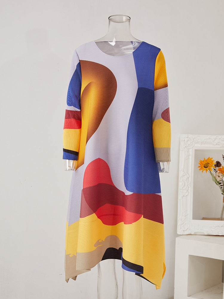 Miyake Pleated Contrast Print Midi Dress