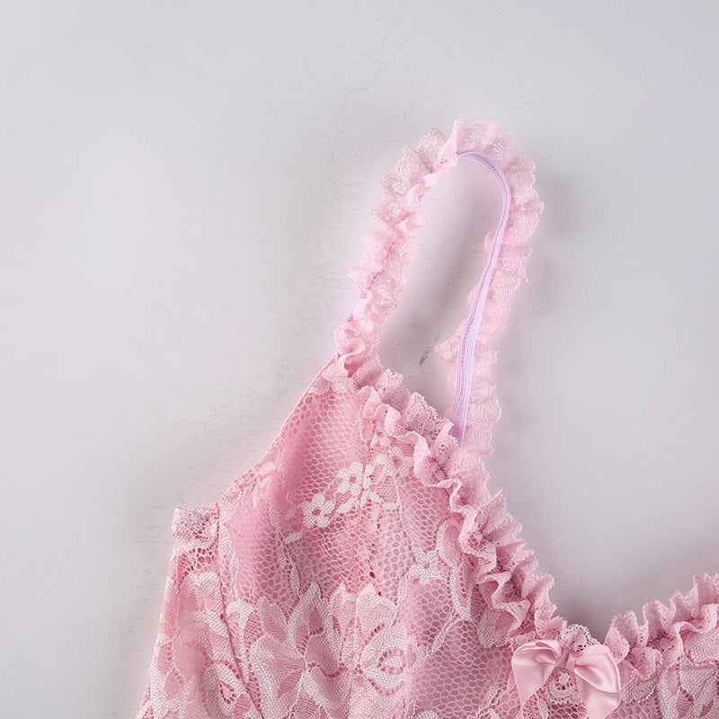Floral Lace V-Neck Backless Night Dress